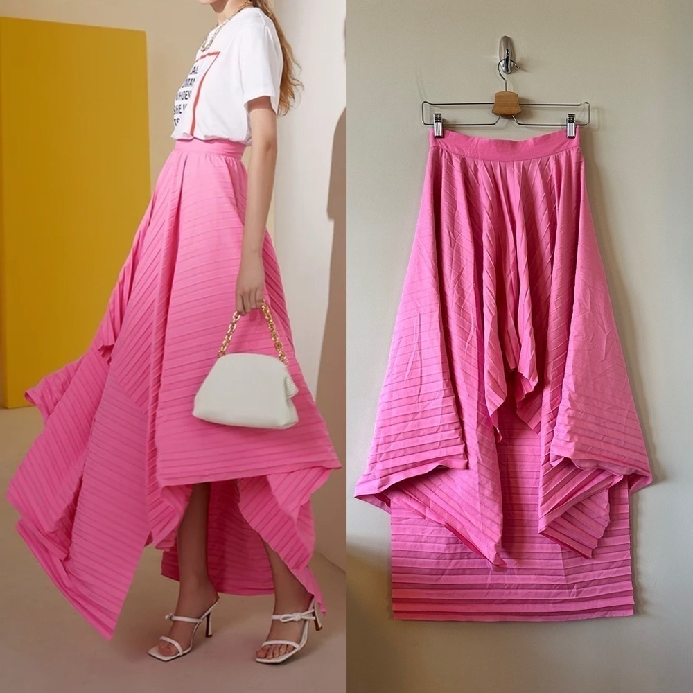 Kate Hewko-Pleated “ Hot Pink” Asymmetrical Summer Skirt (Size:Small)